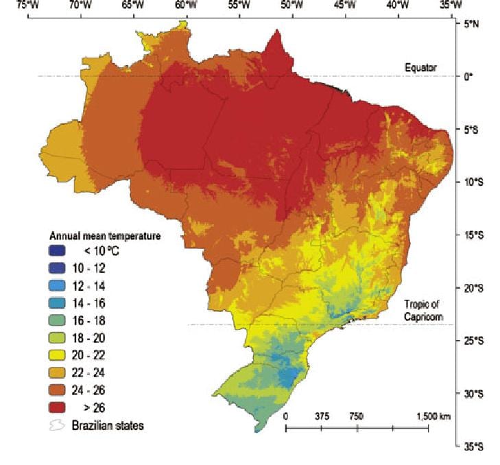 mapa Brazílie teplota
