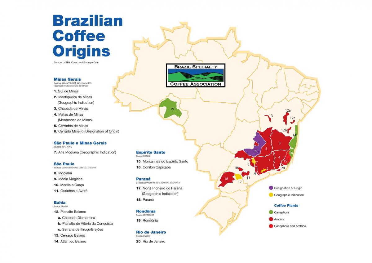 mapa Brazílie káva